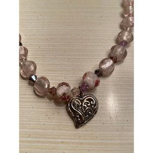 Vintage depression pink glass beaded necklace with heart pendant